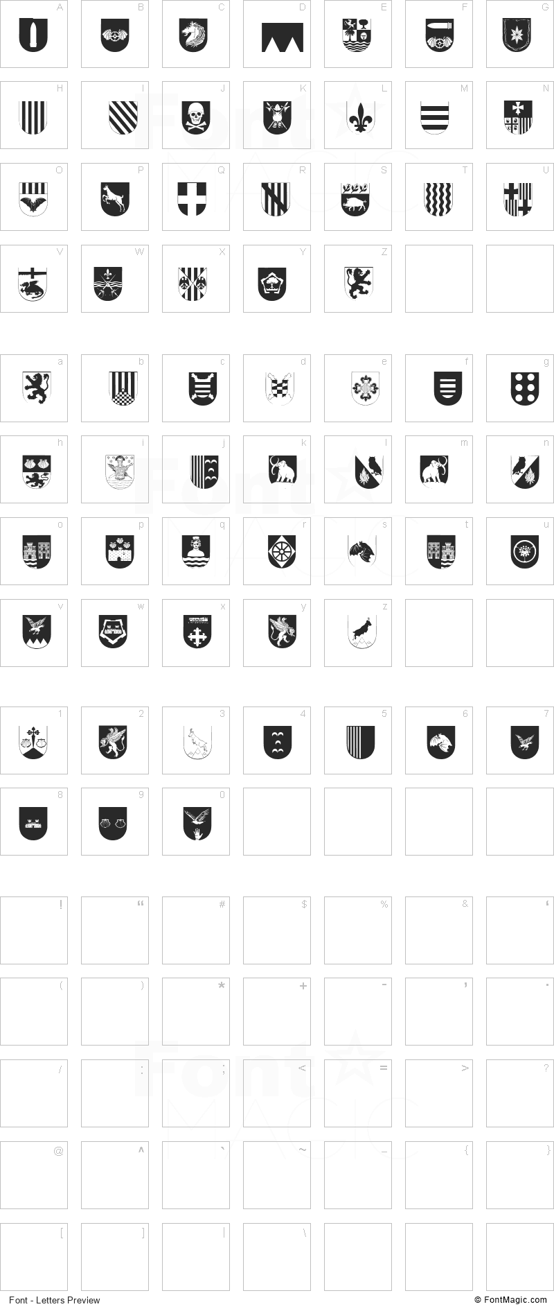 Spanish Army Shields Two Font - All Latters Preview Chart